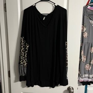 Celeste Black Top with Leopard and Stripe Sleeves
